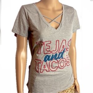 Urban Outfitters Gray Tee Fun Te Jas and Tacos and cute dramatic V neckline